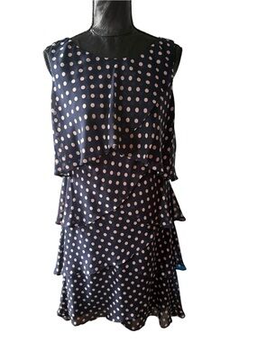 S.L. Fashions Size 12 Navy Polka Dot Tiered Ruffle Dress